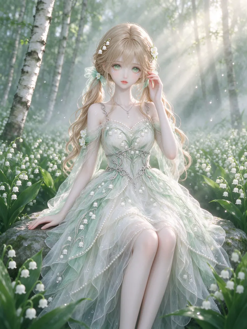 金发绿瞳二次元少女身着缀满铃兰的绿纱裙，坐于白桦林花田的石块上，林间洒落柔和阳光。