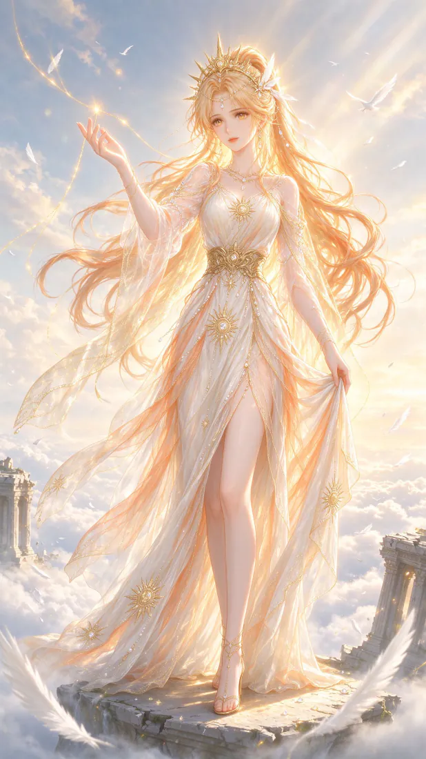 金发女神身着金白长裙立于云端石台上，逆光洒落，两侧有神殿遗迹。