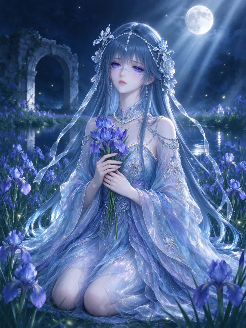 蓝发紫眸少女跪坐鸢尾花田，手捧花束，满月月光洒落，旁有石拱遗迹