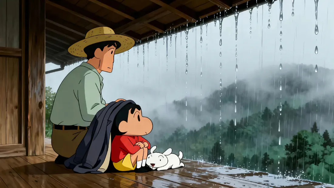 4k蜡笔小新壁纸|雨中木屋父子与小白背景图片 - 治愈温馨「哲风壁纸」 木屋廊下野原广志、蜡笔小新与小白一同坐看雨帘外雾雨山林。