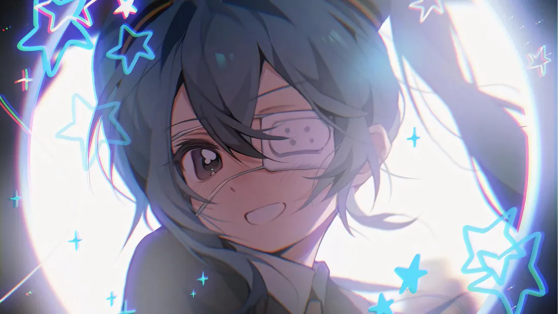 3k初音未来壁纸|蓝发眼罩少女背景图片 - 梦幻霓虹「哲风壁纸」 蓝发戴眼罩的二次元少女,周身环绕霓虹发光星星与光晕特效。