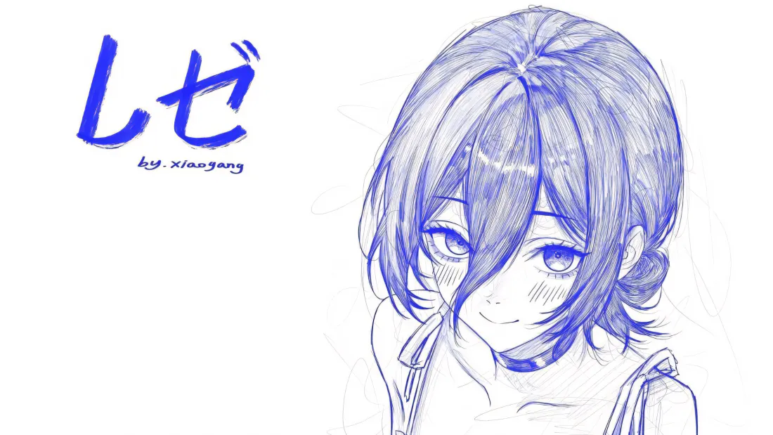 3k蕾塞壁纸|蓝线稿少女头像背景图片 - 清新手绘「哲风壁纸」 蓝色铅笔线稿绘制的蕾塞半身像,面带微笑,左侧有日文标注。