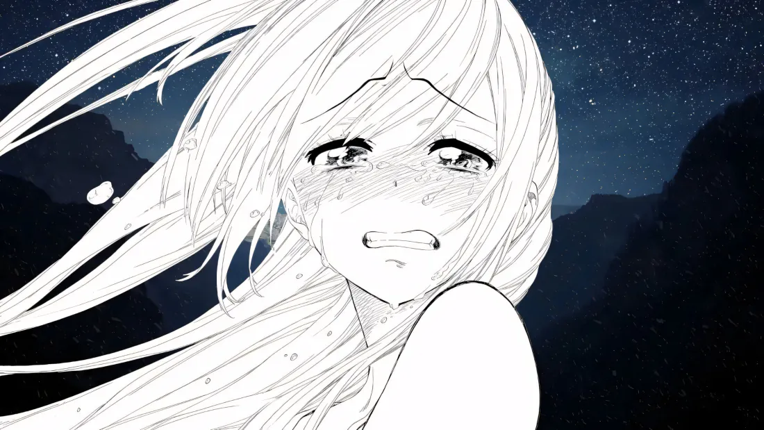 3k桐崎千棘壁纸|星空下哭泣少女背景图片 - 忧郁伤感「哲风壁纸」 线稿风格长发动漫少女在星空山影背景下哭泣,神情悲伤