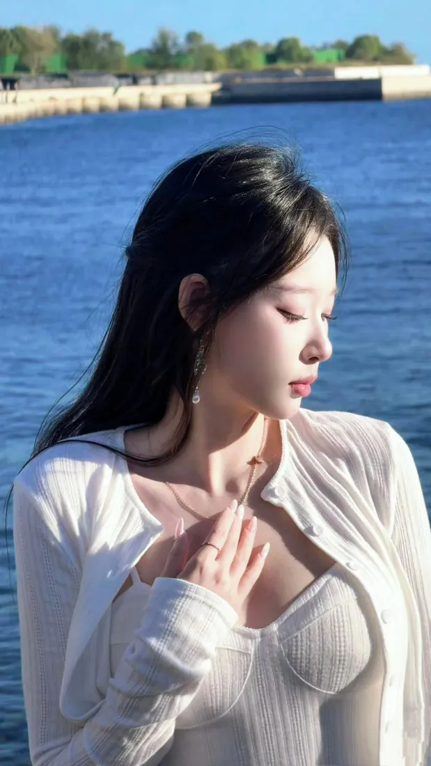 白衣长发女子立于蓝色湖畔，侧颜低垂，背景是晴朗蓝天与远岸绿树。