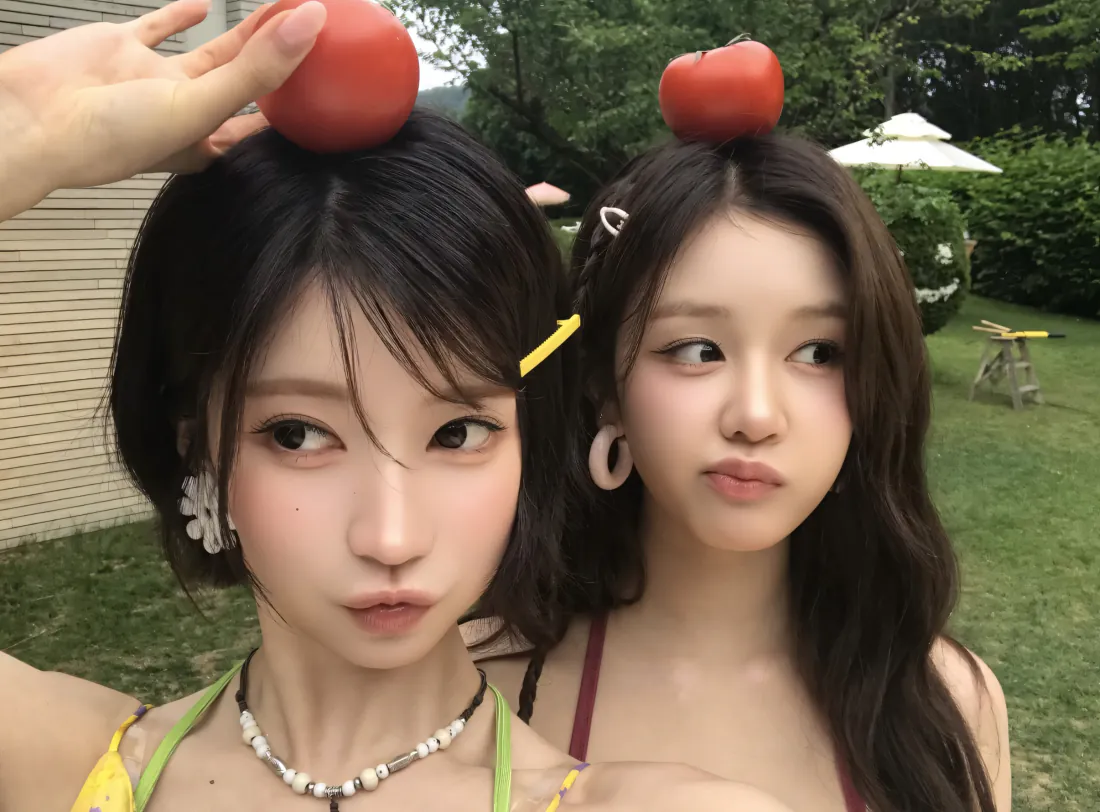 2kBABYMONSTER壁纸|头顶番茄双人自拍背景图片 - 清新夏日「哲风壁纸」 两名年轻女生在户外草坪自拍,头顶各放一颗红番茄,嘟嘴做俏皮表情。