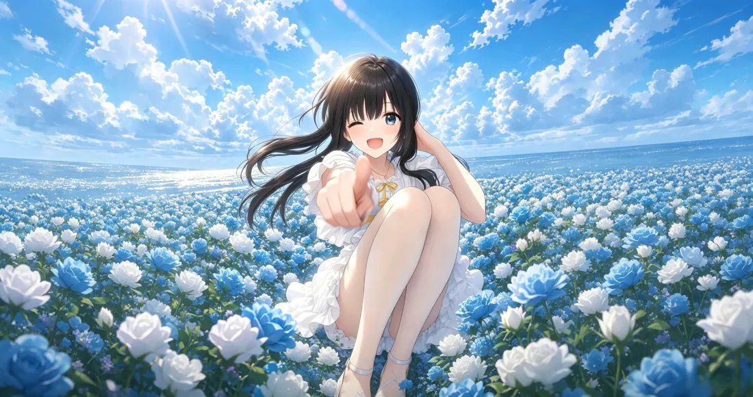 3k二次元少女壁纸|蓝白花田晴空背景图片 - 清新治愈「哲风壁纸」 黑长直白裙二次元少女蹲在蓝白花海中,身后是蓝天白云与阳光。