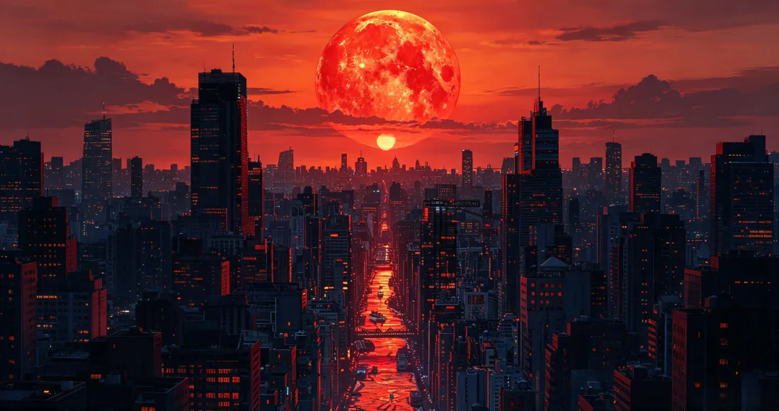黄昏时分的未来都市，巨型红月悬于天际，摩天楼剪影沿中央河道向远方延伸。