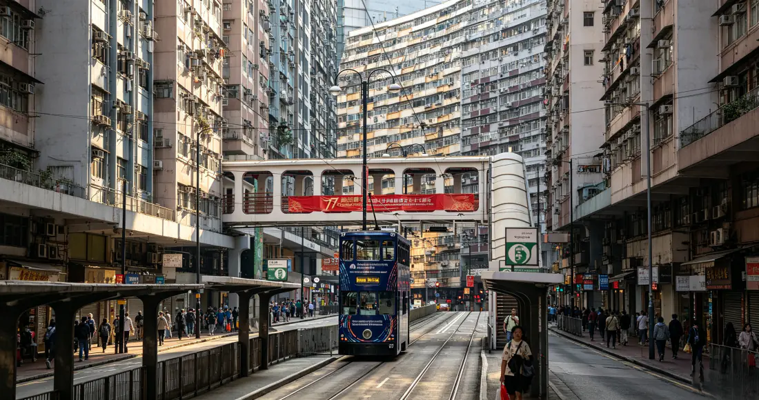 3k香港城市街景壁纸|双层电车高楼背景图片 - 市井烟火「哲风壁纸」 香港老城区街道,蓝色双层电车行驶在轨道上,两侧是密集高层居民楼与过街天桥。