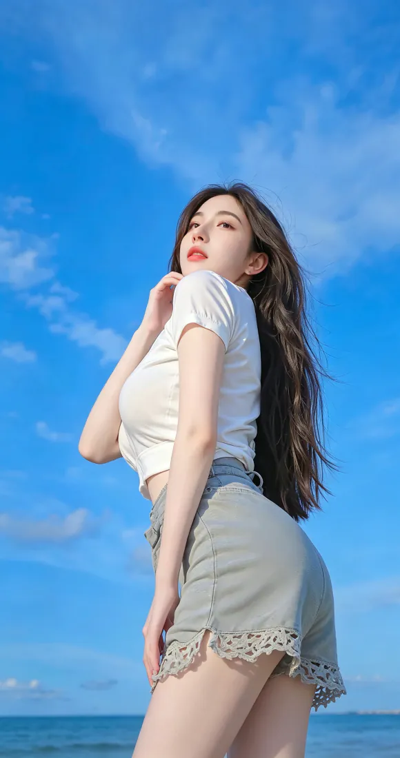 海边蓝天背景下，长发少女身着白短袖与灰短裤侧身站立。
