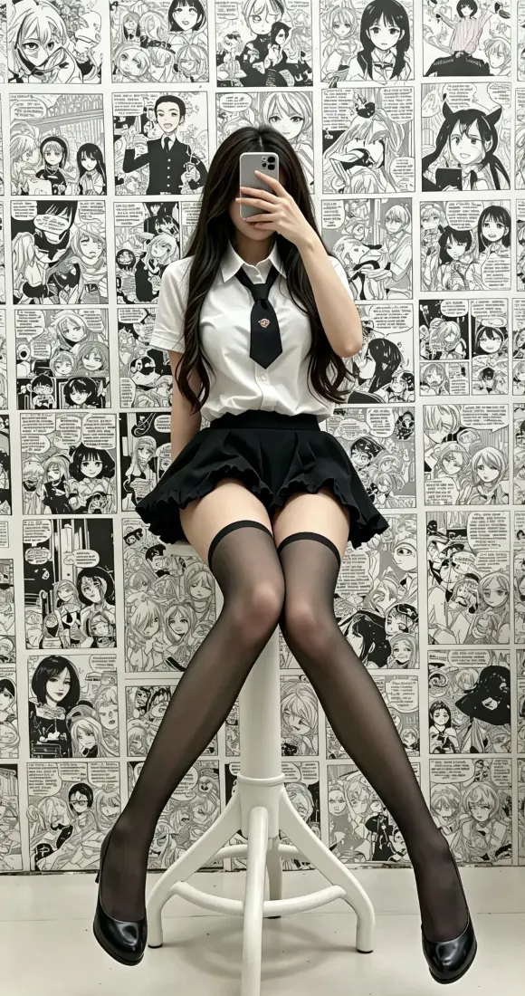 穿JK制服的长发女生坐高脚凳上举手机自拍，身后是黑白漫画拼贴墙。
