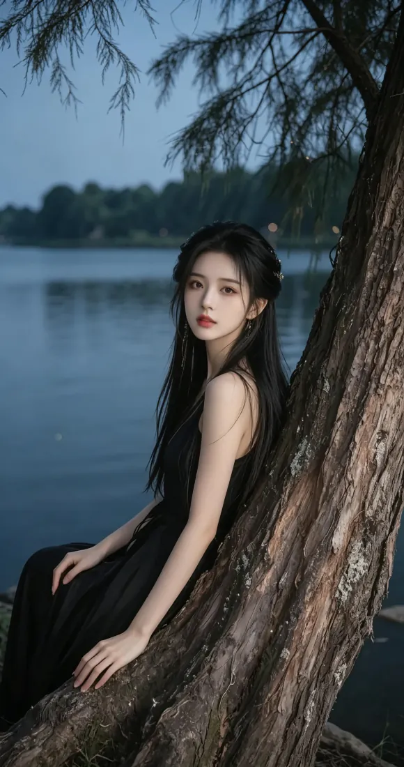 身着黑色吊带长裙的长发少女倚靠在湖边树干上，背景是平静湖面与远处林带。