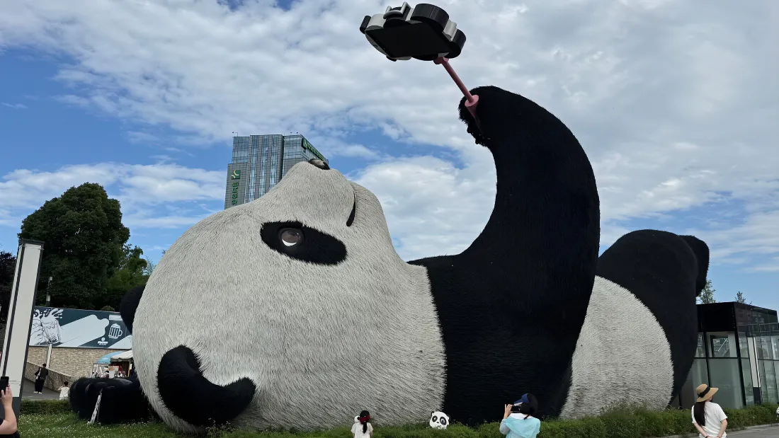 2k自拍熊猫壁纸|都江堰仰天窝广场雕塑背景图片 - 萌趣地标打卡「哲风壁纸」 都江堰仰天窝广场巨型自拍熊猫雕塑,躺卧举自拍杆,背景为蓝天白云与城市建筑。