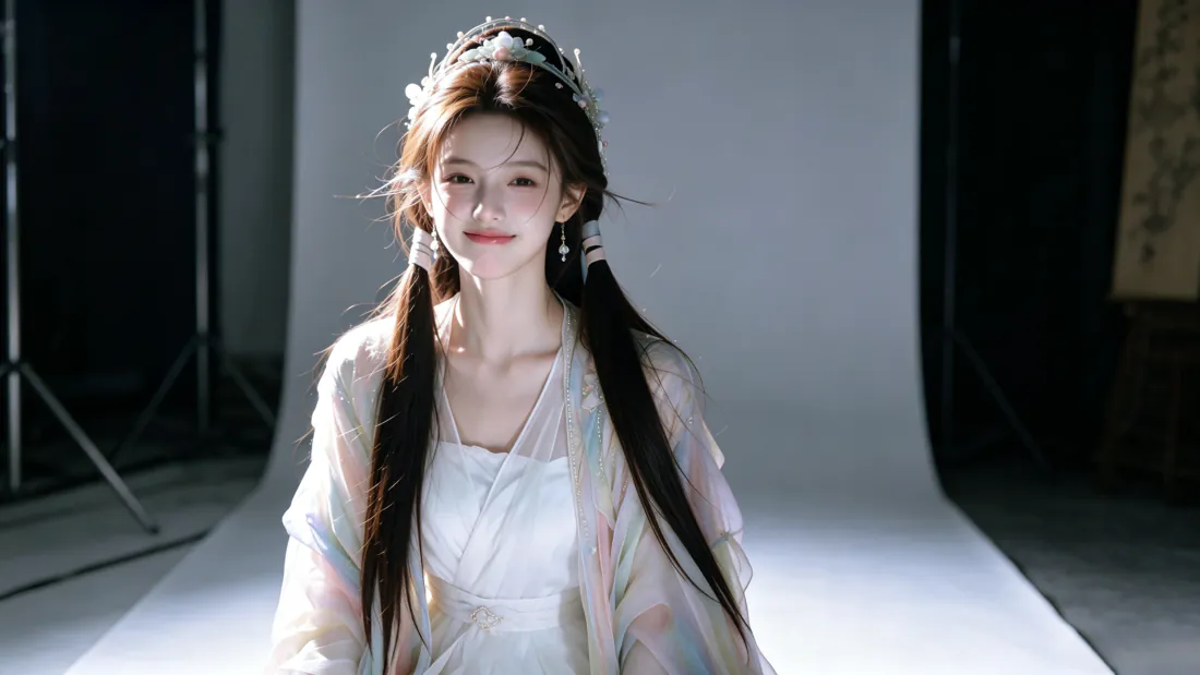 3k古风少女壁纸|白衣双马尾古装写真背景图片 - 清新仙气「哲风壁纸」 摄影棚内白衣双马尾古风少女,头戴发冠耳坠,面带微笑,背景为白色幕布。