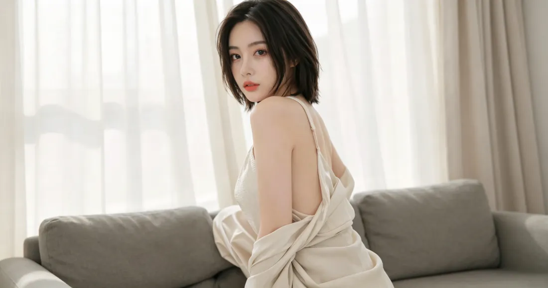 3k短发美女壁纸|居家沙发白裙写真背景图片 - 清新柔和「哲风壁纸」 短发白衣女子侧身立于灰色沙发前,背景是透光白纱帘的明亮居家室内。