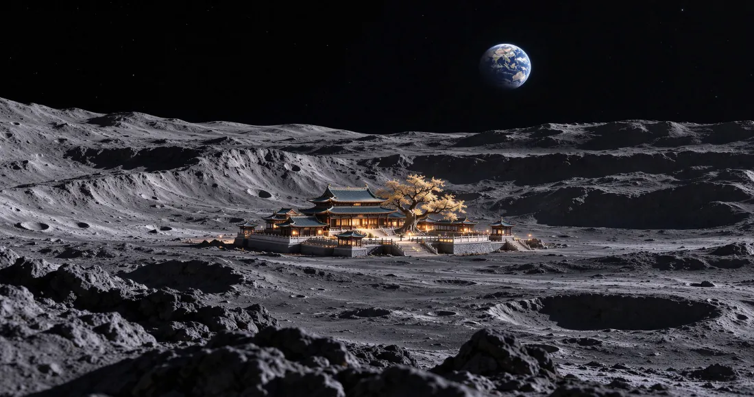 3k月球广寒宫壁纸|月面古建地球背景图片 - 科幻国风意境「哲风壁纸」 月球环形山地表上坐落着亮灯的中式广寒宫建筑群,夜空悬着地球。
