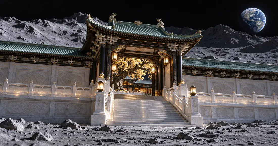 3k月宫仙宫壁纸|月球中式古建背景图片 - 科幻国风「哲风壁纸」 月球表面矗立着中式飞檐古建,石阶宫灯暖光,夜空悬着蓝色地球。