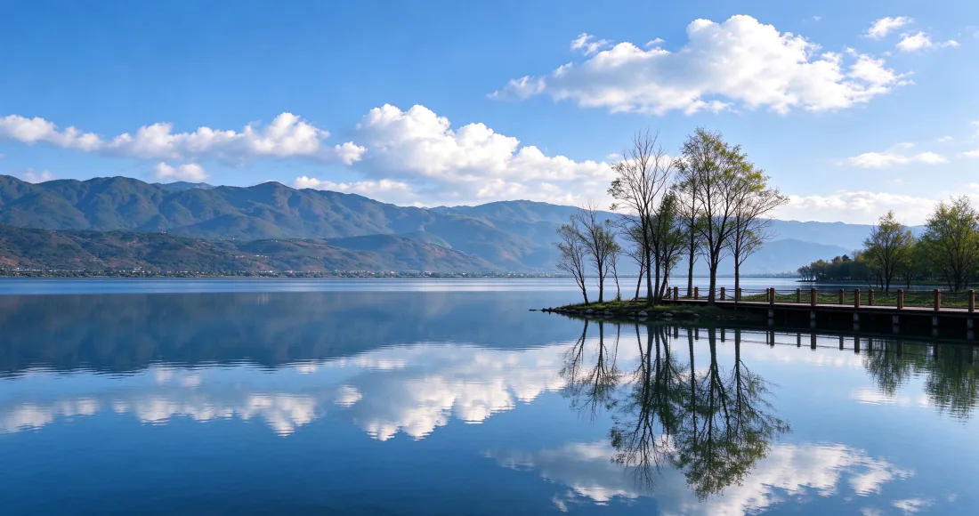 3k湖泊山水壁纸|蓝天白云远山湖面倒影背景图片 - 清新宁静风光「哲风壁纸」 澄澈湖面如镜,倒映蓝天白云与远山,右侧湖畔树木栈道相映成趣