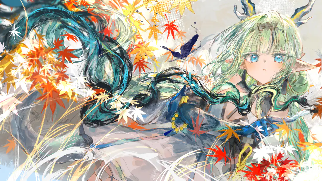 3k龙娘壁纸|绿发龙角少女枫叶背景图片 - 梦幻和风插画「哲风壁纸」 绿发龙角尖耳少女与东方青龙相伴,环绕橙红枫叶与黑蝴蝶的和风插画