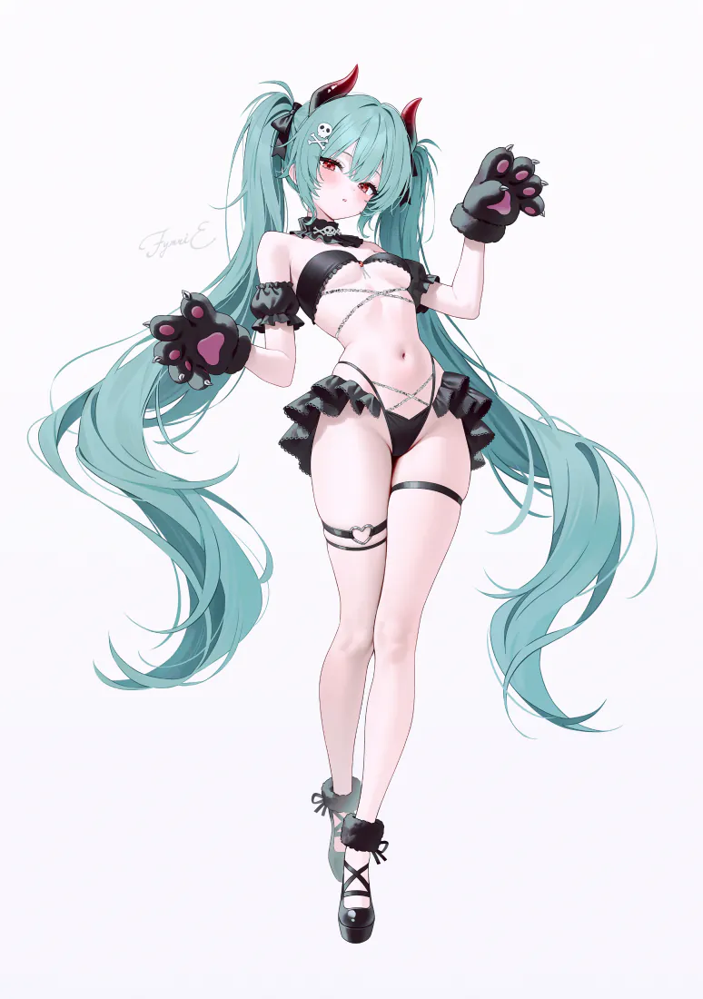浅青双马尾红瞳小恶魔少女，戴猫爪手套穿黑色内衣，纯白背景