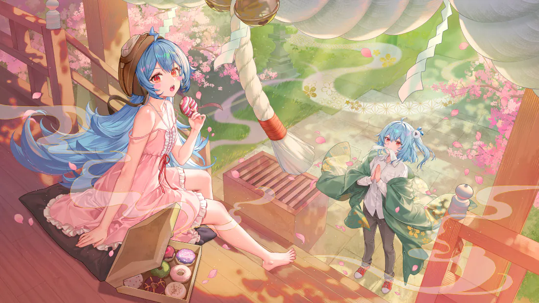 春日樱花庭院中，两名蓝发少女相伴，粉裙少女坐于箱上，绿外套少女立于旁。