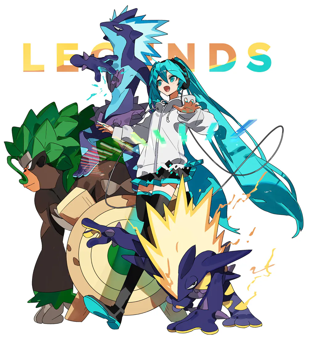 初音未来与三只宝可梦风格角色同框的二次元插画，纯白背景带渐变LEGENDS字样