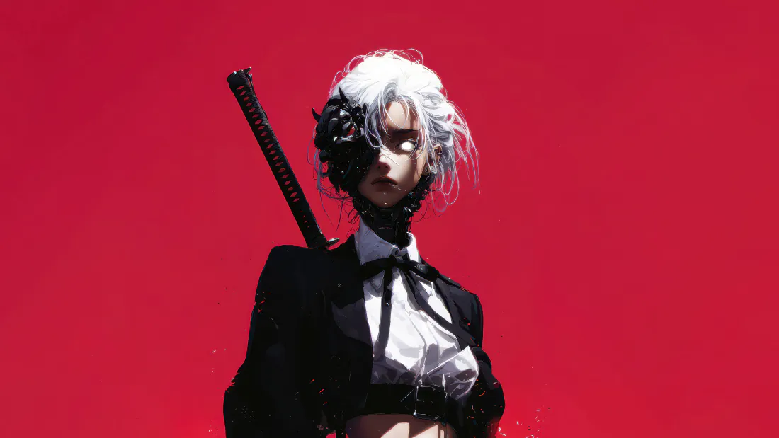 纯红背景下，白发黑衣女武士背负武士刀，半脸被黑色花饰遮挡，风格暗黑酷炫。
