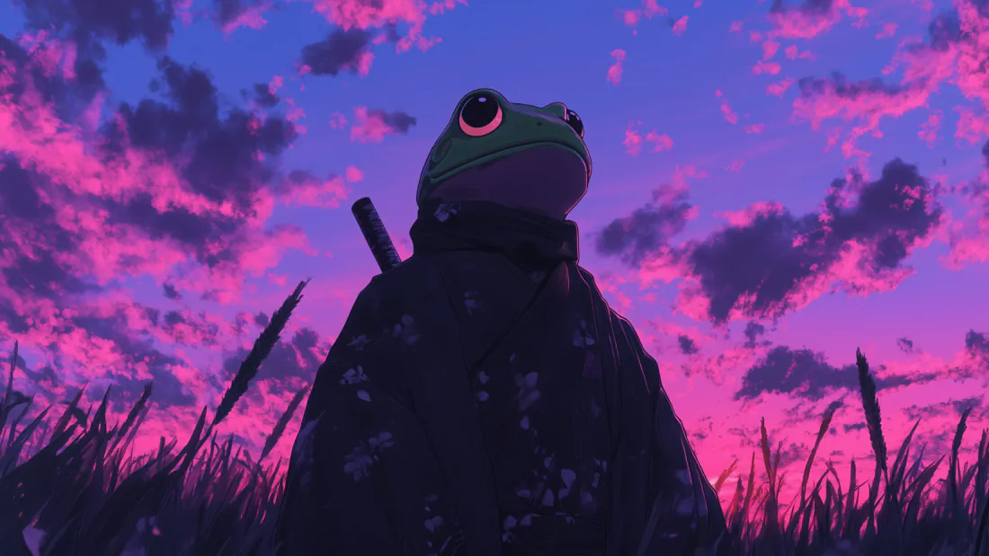 拟人青蛙武士立于草甸，仰望粉紫渐变的黄昏晚霞天空。