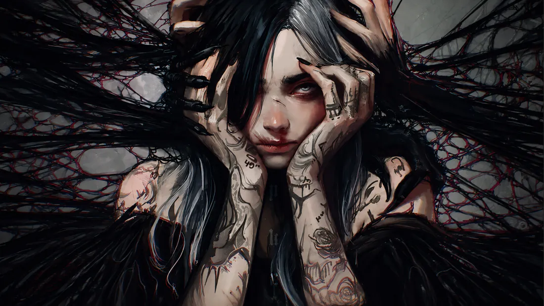 暗黑哥特风插画，灰黑长发纹身少女被多只带纹身的手托住脸颊，身后是黑色网状羽翼。
