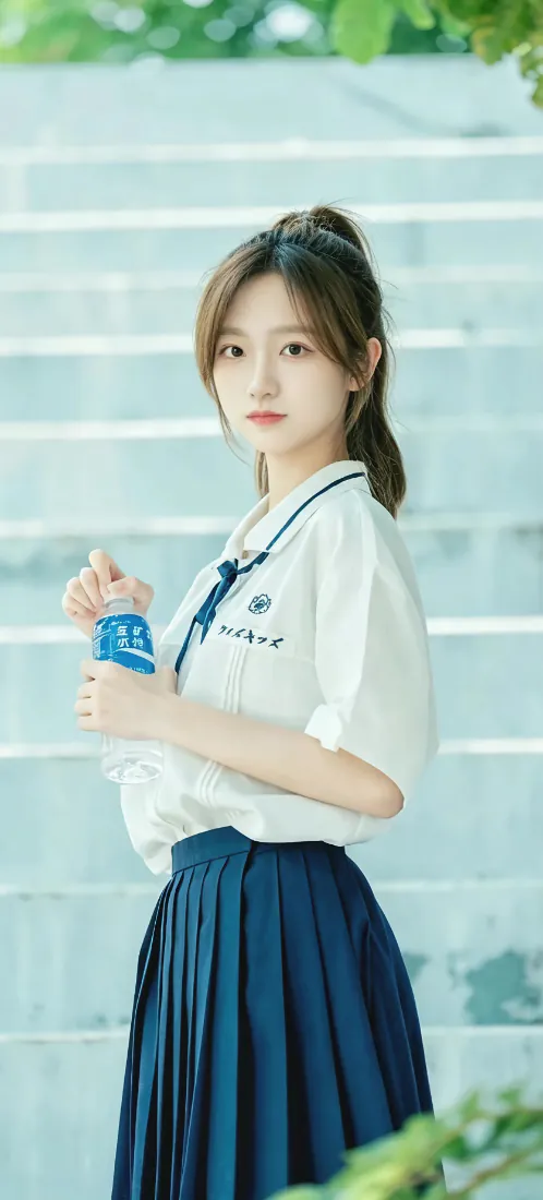 扎高马尾的清纯少女身着白衬衫与藏蓝百褶裙，手持蓝色水瓶站在户外楼梯前，画面清新明亮。