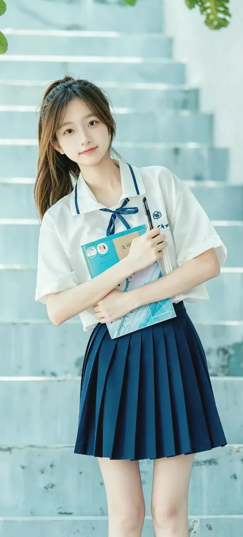 扎马尾的清纯少女穿JK制服抱书站在浅蓝楼梯前，清新校园风写真