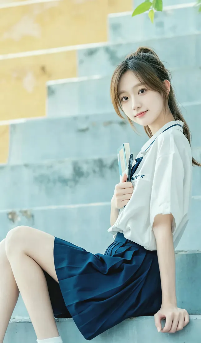 穿校服的清纯少女坐在浅蓝水泥阶梯上，手持书本，背景为暖黄墙面。