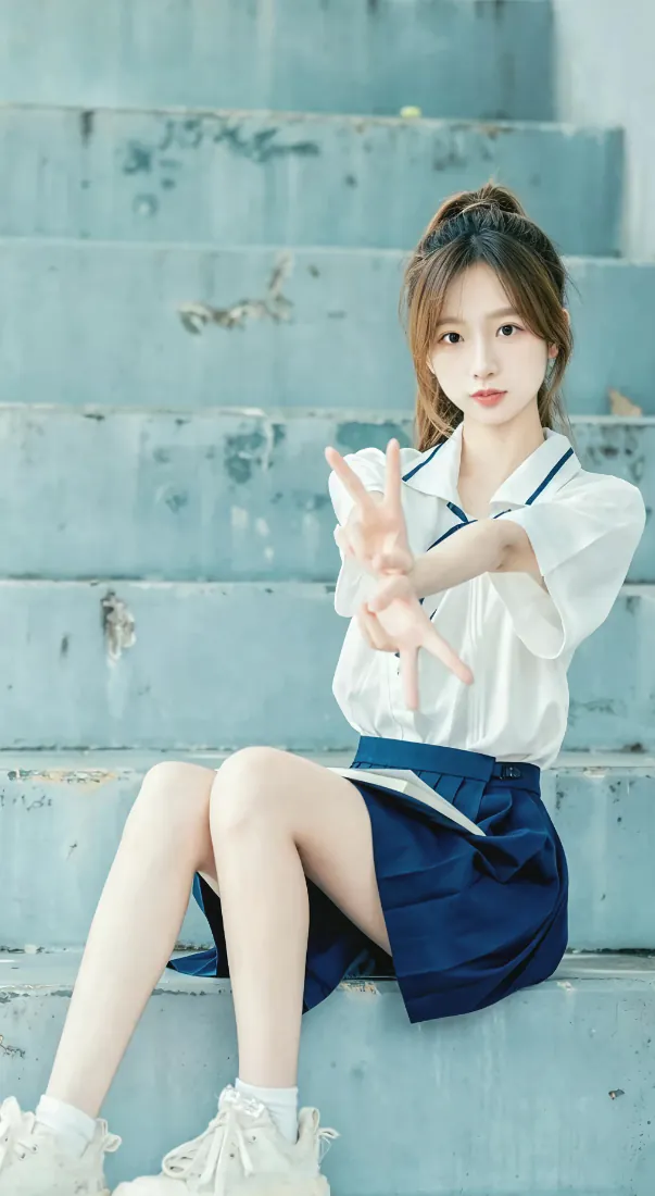 扎高马尾的清纯少女穿蓝白校服坐在青蓝色石阶上，比出交叉手势。
