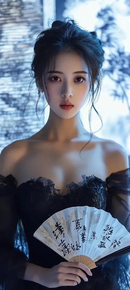 冷调光影下，盘发女子身着黑色露肩蕾丝裙，手持书法折扇立于窗边。