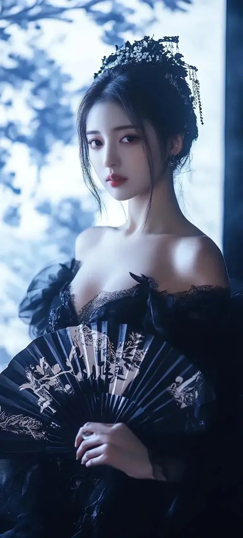冷蓝调暗光下，身着黑色露肩纱裙的女子持雕花折扇，背景是虚化的树影窗景。