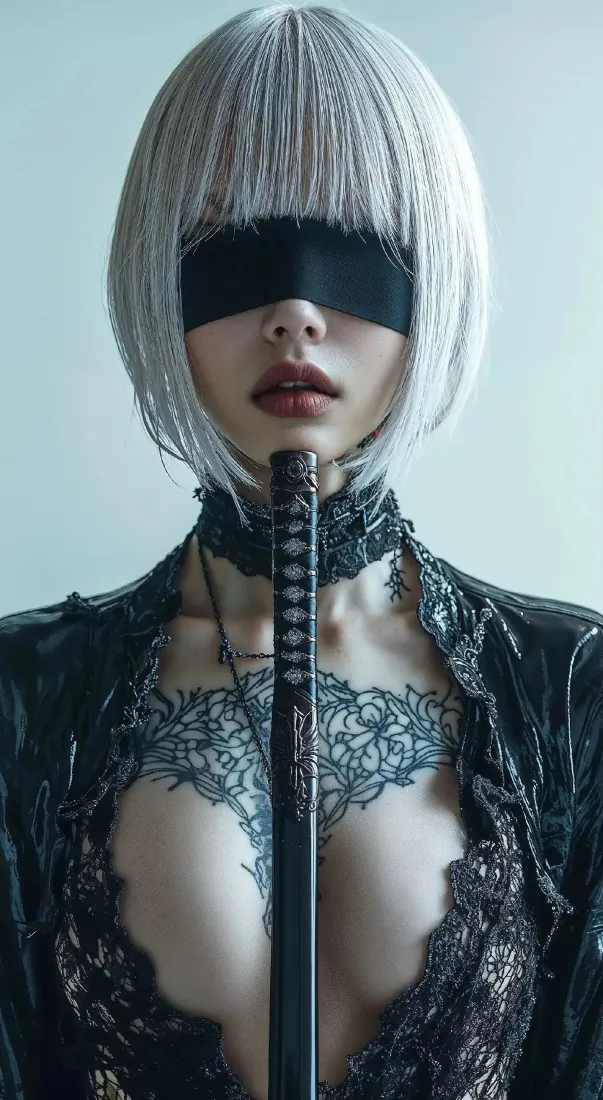 cos尼尔机械纪元2B的女性，遮眼银短发，持武士刀，着黑色蕾丝服饰。