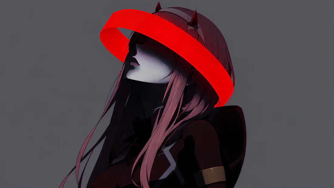 灰底暗调插画，粉发少女戴红边小角帽，面部隐于阴影中，仅露出侧脸轮廓。