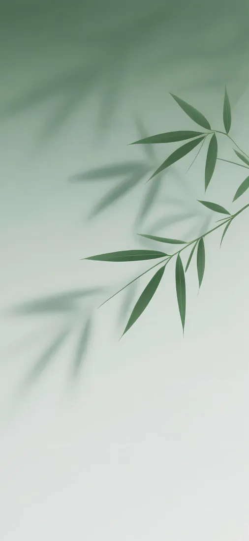 淡绿渐变背景上，右侧青竹枝叶舒展，墙面投下朦胧竹影，留白充足。