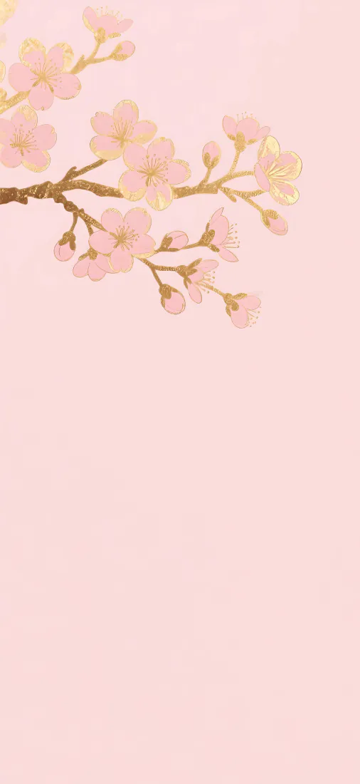 浅粉色纯色背景上，左上角延伸出缀满淡粉樱花与花苞的棕褐色花枝。