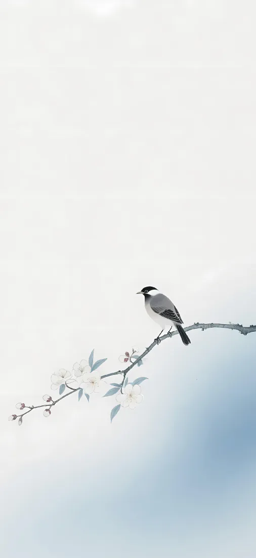 淡蓝留白背景下，一只小鸟静栖在缀有白花嫩叶的斜枝上，水墨意境清雅。