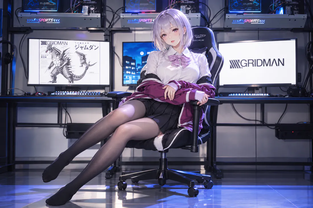 紫发少女身着校服黑丝，坐在电竞椅上，身后是多屏电竞设备。