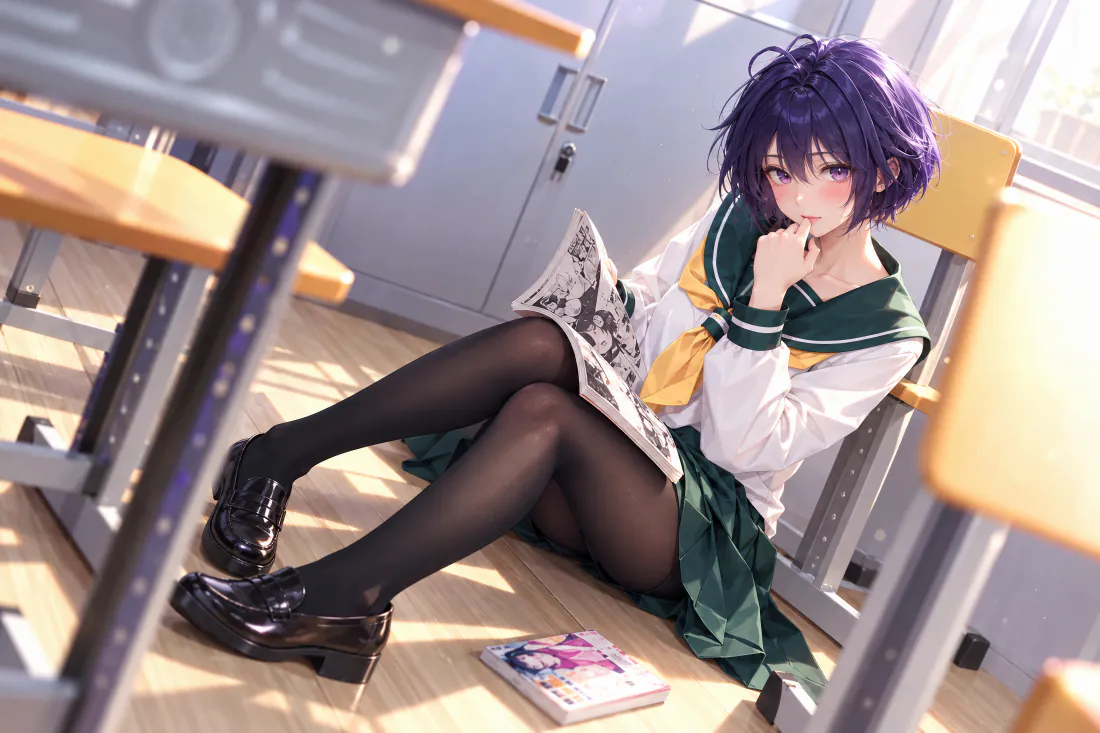 紫短发少女穿水手服黑丝坐在教室地板上，腿上摊着漫画书，阳光洒落。