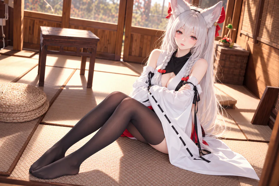 白发狐耳巫女少女身着露肩巫女服，穿黑丝坐于日式榻榻米房间内，暖光洒落。