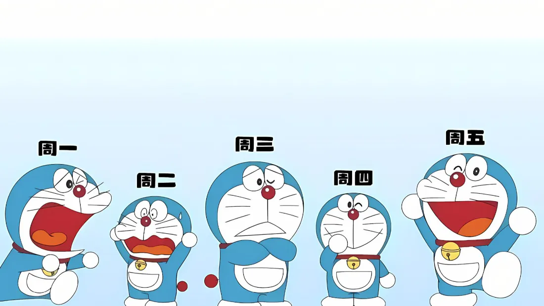 2k哆啦A梦壁纸|一周情绪表情背景图片 - 可爱卡通「哲风壁纸」 五只不同情绪的哆啦A梦横向排列,对应周一到周五的状态