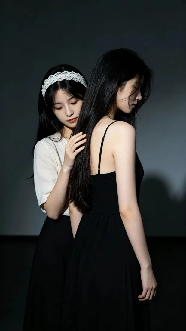 暗调影棚内两位黑长直少女，一位穿米白短袖戴白色蕾丝发箍，一位穿黑色吊带裙，氛围沉静。
