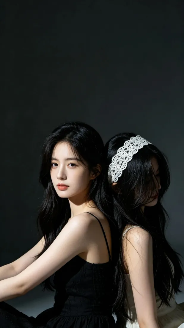 两名黑发少女背靠背而坐，一穿黑吊带一戴白色蕾丝发带，暗调影棚写真。