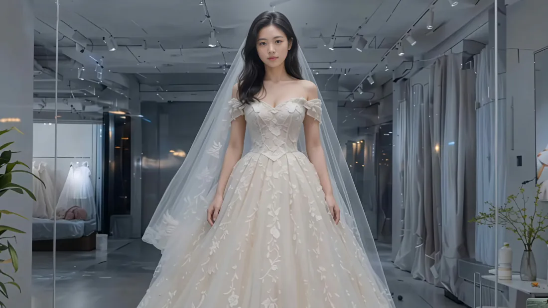 身着露肩蕾丝白纱的黑发新娘站在现代简约婚纱试衣间内。