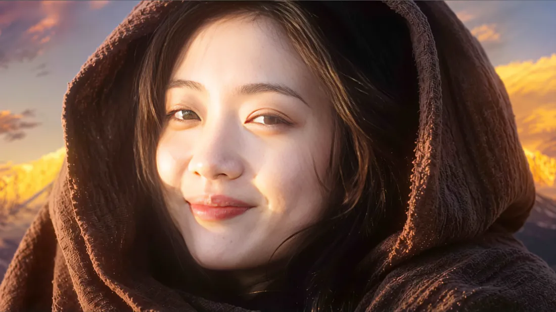 穿棕色连帽衫的女生在黄昏暖光下微笑，背景是橙黄色晚霞天空。