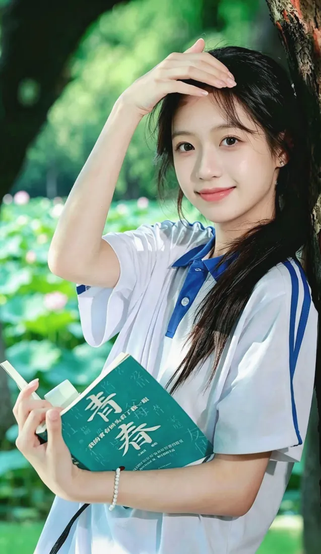 穿蓝白校服的长发少女倚树而立，手持青春主题书本，背景是虚化的夏日荷塘绿意。