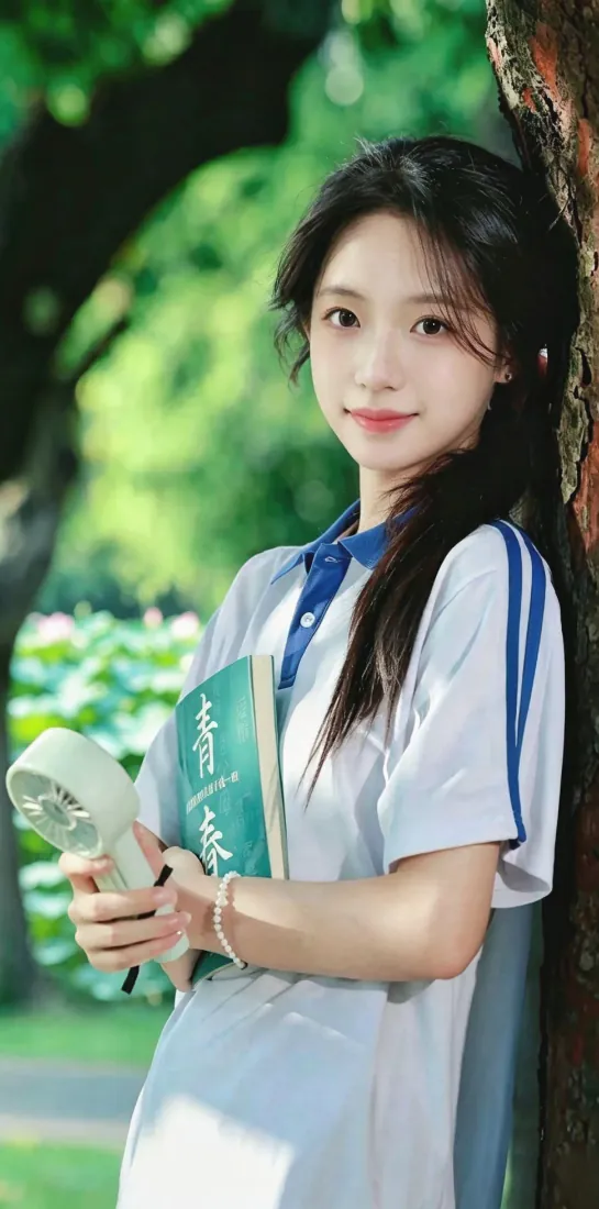 穿蓝白校服的长发少女靠在树干上，手持书本与小风扇，背景是虚化的夏日树林。