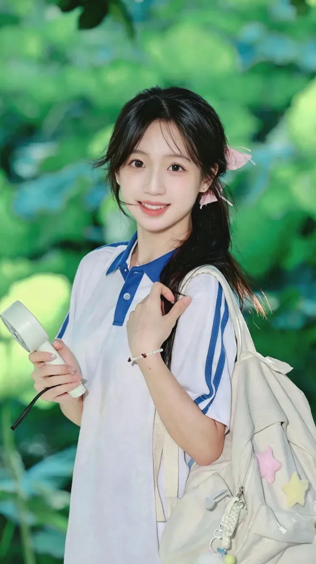户外绿植背景前，穿蓝白校服的黑发少女手持小风扇，肩挎双肩包微笑。